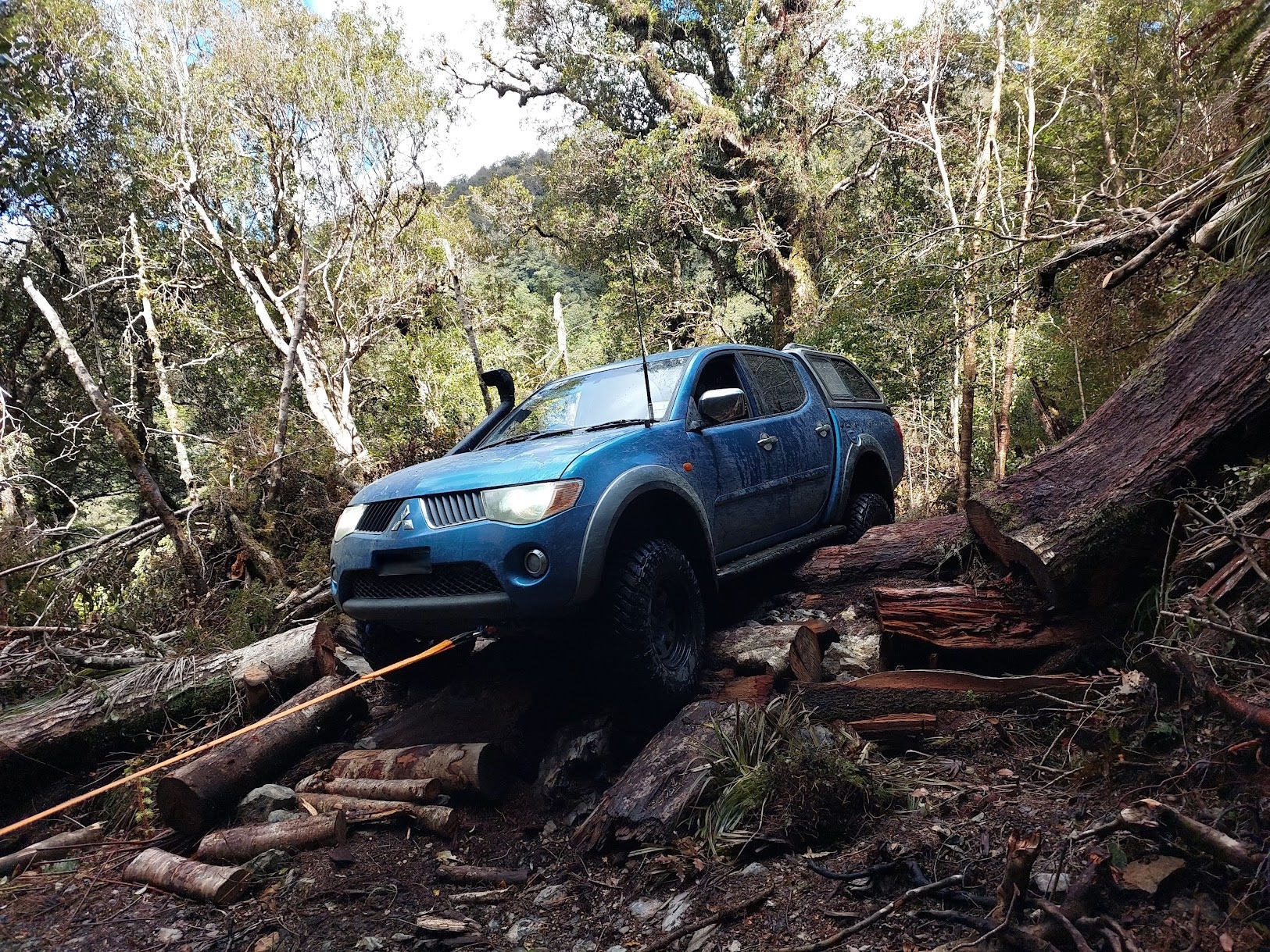 4WD vehicle recovery on a steep bush track in the hills behind the Kapiti Coast